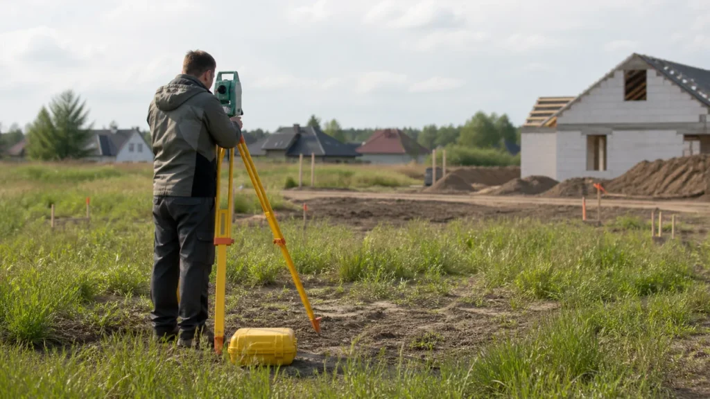 Geodeta wykonujący pomiary działki przed budową domu